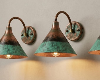 Green Patina Copper Wall Sconce, Rustic Farmhouse Wall Light, Handmade Vintage Industrial Lighting