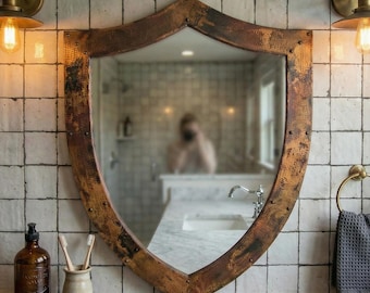 Espelho de banheiro artesanal em cobre – Espelho de parede rústico marroquino – Espelho de penteadeira com moldura martelada – Decoração artesanal para casa