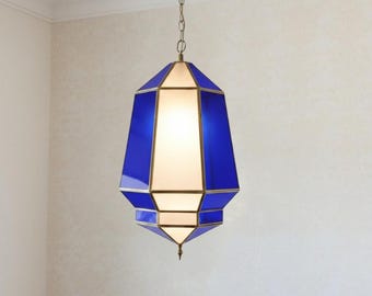 Lámpara colgante marroquí azul, farol de latón hecho a mano, lámpara colgante geométrica, farol islámico, luminaria de cristal azul