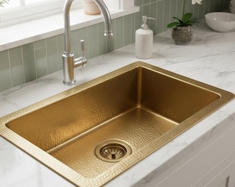 Handmade Brass Kitchen Sink, Hammered Farmhouse Basin, Rectangular Undermount, Gold Apron Front