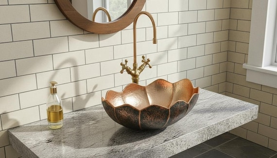 Handcrafted Copper Vessel Sink Flower Shape, Hammered  Bathroom Bowl Washbasin, Rustic Vintage Patina