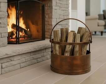 Handcrafted Copper Bronze Fireplace Accessory, Copper Wood Organizer, Modern Wood Storage, Winter Decor