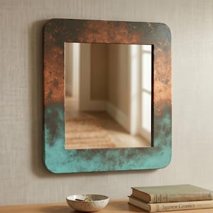 Espelho com moldura de cobre martelado, arte de parede estilo boho marroquino para penteadeira, espelho de cobre com pátina turquesa