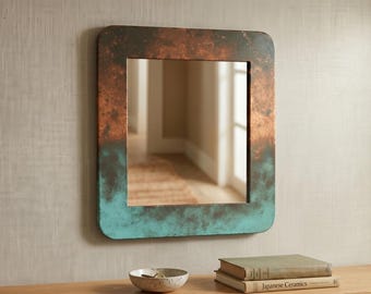 Espejo con marco de cobre martillado, arte mural de estilo bohemio marroquí, espejo de cobre con pátina turquesa.