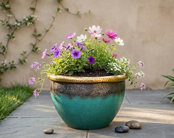Maceta de cobre hecha a mano con pátina verdigrís – Maceta rústica de jardín estilo granja – Maceta para flores de interior y exterior