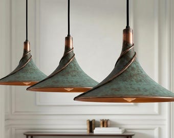 Green Patina Dome Hanging Lamp – Handmade Copper Pendant Light –Farmhouse Industrial Lighting