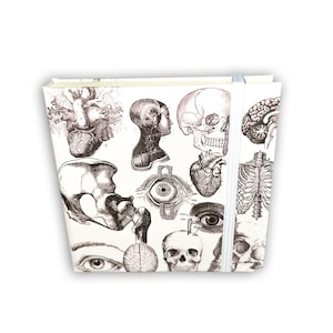 May include: A square notebook with a white cover featuring detailed black and white anatomical illustrations of the human body, including the heart, brain, and skull. A light gray elastic band holds the notebook closed.