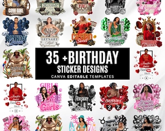 Birthday Design Template Bundle, 35+Birthday Sticker, Styrofoam Cup stickers,T-Shirt Designs,Editable Pink Cheetah,Cowgirl,Casino,Y2k Design