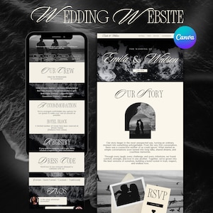 May include: A wedding website design displayed on a smartphone and a computer screen. The website features sections for the wedding party, accommodation, registry, dress code, and FAQs. The design uses a black and white color scheme with elegant fonts.