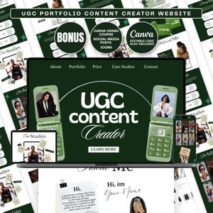 Può includere: Un modello digitale per un sito web di portfolio per creatori di contenuti UGC con uno schema di colori verde scuro, grafiche di telefoni a conchiglia e testo che include UGC content Creator, About, Portfolio, Price, Case Studies, Contact e Learn More.