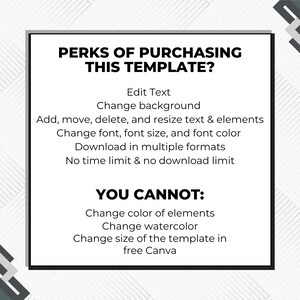 K&ouml;nnte beinhalten: Schwarz-wei&szlig;e Grafik mit dem Text "PERKS OF PURCHASING THIS TEMPLATE?" und einer Liste von Funktionen, darunter Textbearbeitung, Hintergrund&auml;nderungen und Schriftanpassung. Die Grafik listet auch Einschr&auml;nkungen auf.
