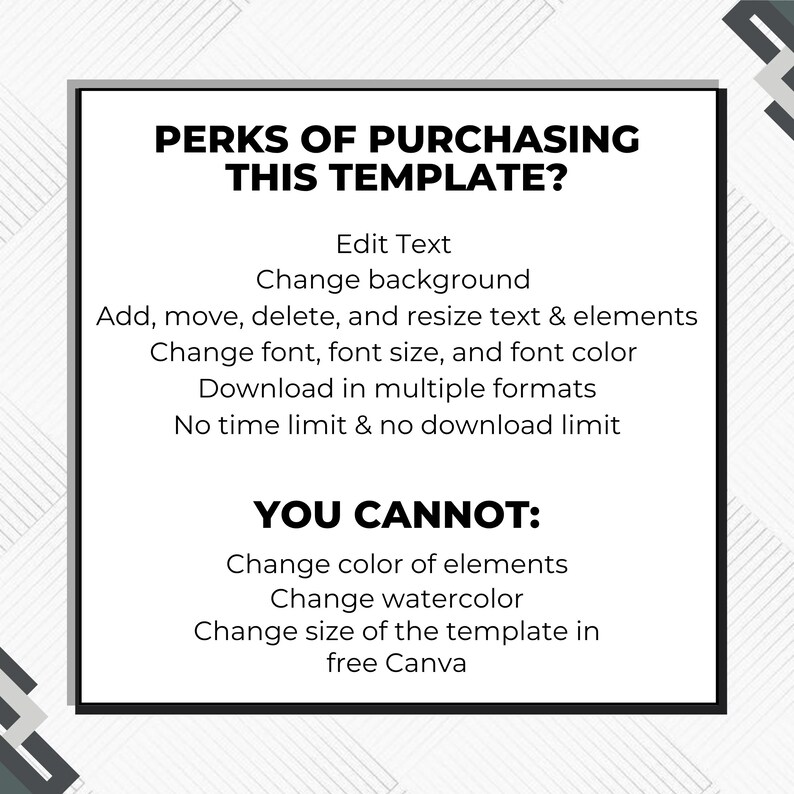 K&ouml;nnte beinhalten: Schwarz-wei&szlig;e Grafik mit dem Text "PERKS OF PURCHASING THIS TEMPLATE?" und einer Liste von Funktionen, darunter Textbearbeitung, Hintergrund&auml;nderungen und Schriftanpassung. Die Grafik listet auch Einschr&auml;nkungen auf.