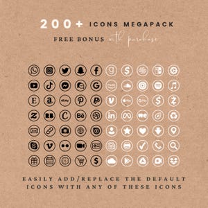May include: A collection of 200+ icons in a megapack, with a free bonus. The icons are arranged in a grid and include social media, payment, and other digital symbols. Text on the image reads "Easily add/replace the default icons with any of these icons."