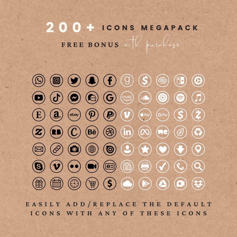 May include: A collection of 200+ icons in a megapack, with a free bonus. The icons are arranged in a grid and include social media, payment, and other digital symbols. Text on the image reads "Easily add/replace the default icons with any of these icons."