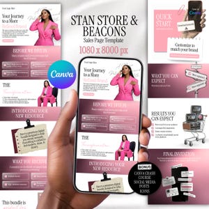 May include: A digital sales page template, held in a hand, with a pink and white color scheme. The template includes sections for branding, transformation, and new resources. The text includes "STAN STORE & BEACONS" and "Sales Page Template".
