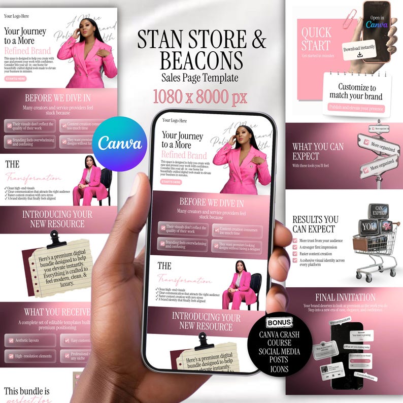 May include: A digital sales page template, held in a hand, with a pink and white color scheme. The template includes sections for branding, transformation, and new resources. The text includes "STAN STORE & BEACONS" and "Sales Page Template".