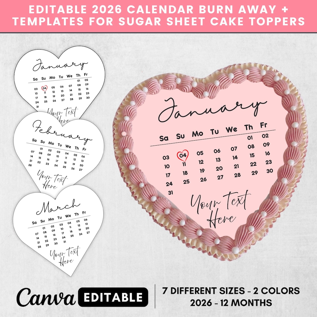 Generic Calendar Topper 2026 Custom Calendar Heart Cake Toppers, Burn Away Cake Topper Calendar ...