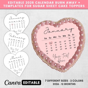 2026 aangepaste kalender hart taarttoppers, Burn Away taarttopper kalendersjabloon, afdrukbare verjaardagstaarttopper, canvas sjabloon