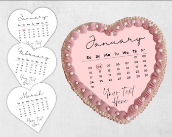 2026 Benutzerdefinierter Kalender Herz-Kuchendeckel, Geburtstags-Kuchendeckel Kalendervorlage, Geburtstagskuchen-Deckel, Canva-Vorlage zum Abbrennen