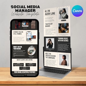Puede incluir: Una plantilla de sitio web para un administrador de redes sociales, que se muestra en un teléfono inteligente y una computadora portátil. La plantilla presenta secciones de texto como "Historias contadas en fotogramas fijos" y "Qué hago por tu marca". El diseño incluye el logotipo de Canva.