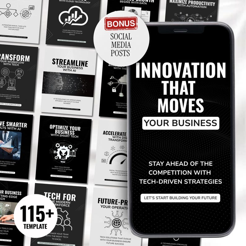 May include: A smartphone displays the text "INNOVATION THAT MOVES YOUR BUSINESS" with the call to action "LET'S START BUILDING YOUR FUTURE." The image also shows a collection of social media templates with tech-related themes.