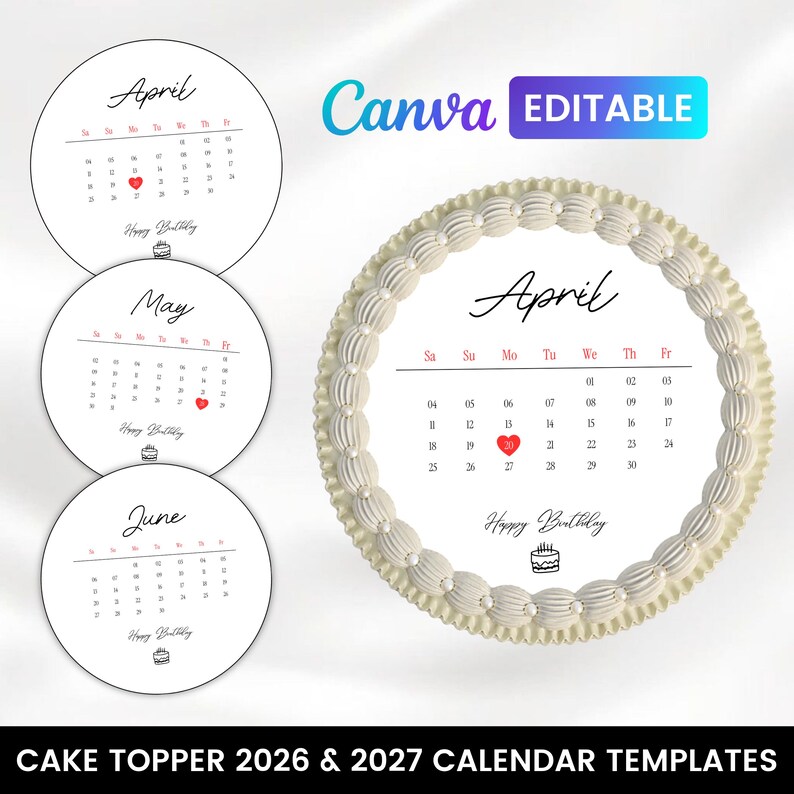 April Topper Burn Away Cake Topper Bundle, 2026 2027 Calendar for Cake Circle Square ...