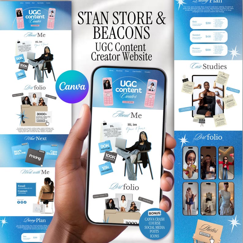 May include: A smartphone displays a website design for a UGC Content Creator. The design includes sections for "About Me," "Portfolio," and "Pricing Plan." The website features a Canva logo and images of a woman with a laptop.