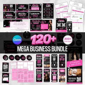 Könnte beinhalten: Ein Mega-Business-Bundle mit über 120 Artikeln, darunter Visitenkarten, Geschenkgutscheine, Treuekarten, Preislisten und mehr. Das Design hat ein schwarz-rosa Farbschema mit Schmetterlingsakzenten und dem Text "MEGA BUSINESS BUNDLE".