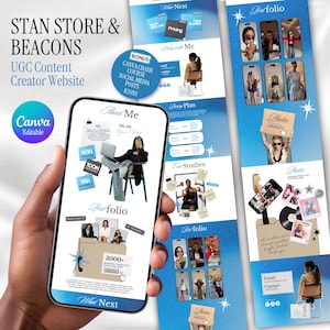 May include: A smartphone displays a website design with the text "STAN STORE & BEACONS UGC Content Creator Website." The design includes a portfolio, pricing, and case studies. The phone is held in a hand.