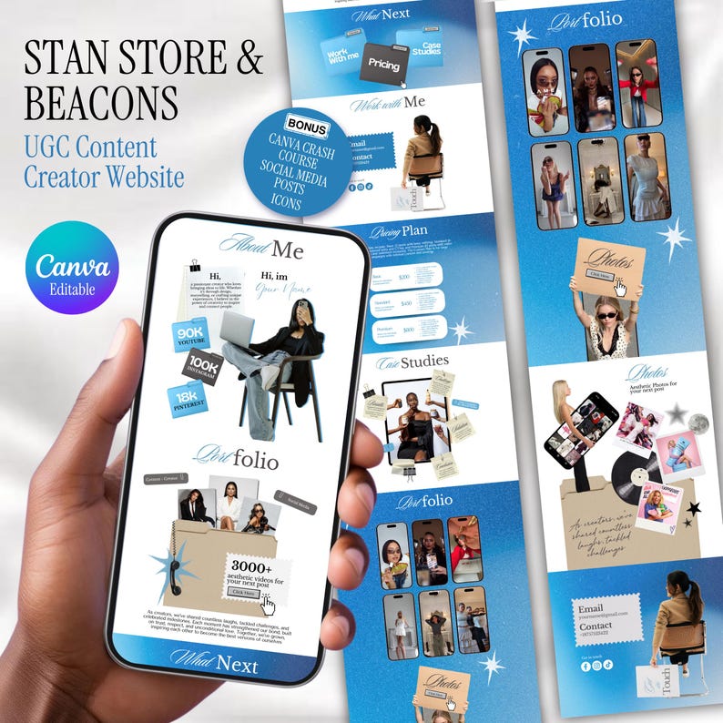 May include: A smartphone displays a website design with the text "STAN STORE & BEACONS UGC Content Creator Website." The design includes a portfolio, pricing, and case studies. The phone is held in a hand.