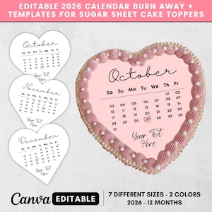 Puede incluir: Plantillas de calendario 2026 editables para adornos de pastel de hoja de azúcar en forma de corazón. Incluye tres páginas de calendario blancas en forma de corazón para octubre, noviembre y diciembre, y un pastel rosa con el calendario de octubre.