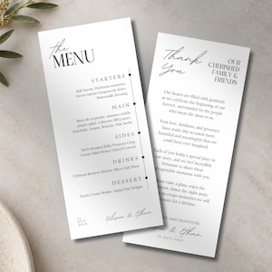 May include: Two white rectangular paper cards featuring black text. One card is titled THE MENU with sections for Starters, Main, Sides, Drinks, and Dessert. The other card is titled Thank You and includes a message for family and friends.