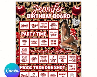 Trinkbrettspiel, Geburtstagsspielbrett, benutzerdefinierte Partybevorzugung Spielbrett, Girls Night Canva Vorlage Sofort-Download