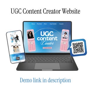 May include: A laptop, smartphone, and a QR code are displayed in this image. The laptop screen shows a website with the text "UGC content Creator." Two pink flip phones are also displayed on the laptop screen. The smartphone displays a website with the text "Meet Me."
