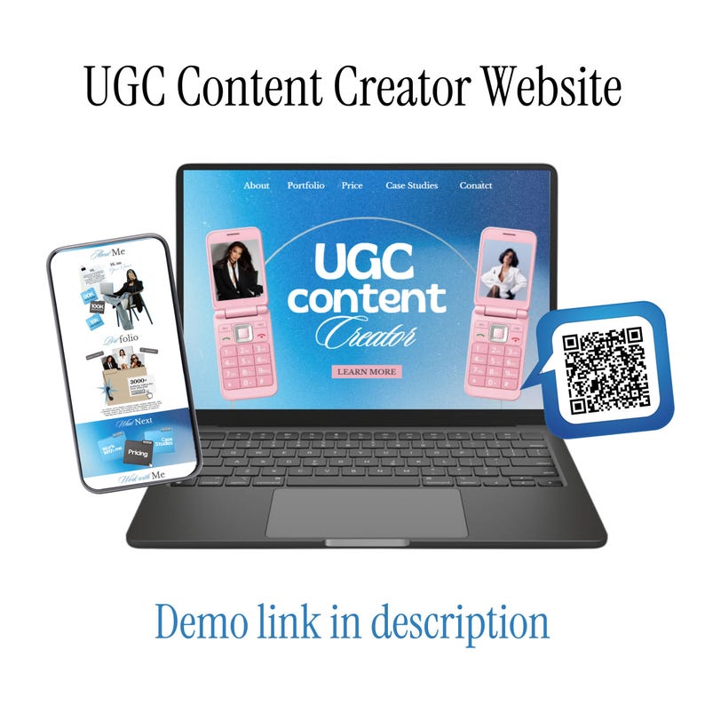 May include: A laptop, smartphone, and a QR code are displayed in this image. The laptop screen shows a website with the text "UGC content Creator." Two pink flip phones are also displayed on the laptop screen. The smartphone displays a website with the text "Meet Me."