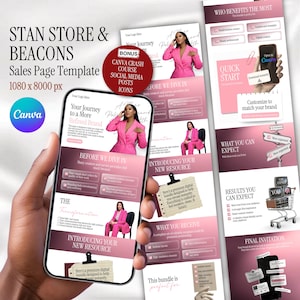 May include: A sales page template with the text "STAN STORE & BEACONS" and "Sales Page Template." The design features a pink and white color scheme, with images of a woman in a pink suit. The Canva logo is visible.
