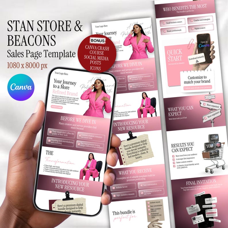 May include: A sales page template with the text "STAN STORE & BEACONS" and "Sales Page Template." The design features a pink and white color scheme, with images of a woman in a pink suit. The Canva logo is visible.