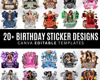 Birthday Design Template Bundle, 20+Birthday Sticker, Styrofoam Cup stickers,T-Shirt Designs,Editable Pink Cheetah,Cowgirl,Casino,Y2k Design