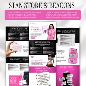 K&ouml;nnte beinhalten: Werbegrafik mit dem Text "STAN STORE & BEACONS". Das Bild zeigt ein rosa und schwarzes Farbschema mit Text und Grafiken, die ein digitales Bundle f&uuml;r Instagram bewerben. Das Bundle soll helfen, sofort aufzusteigen.