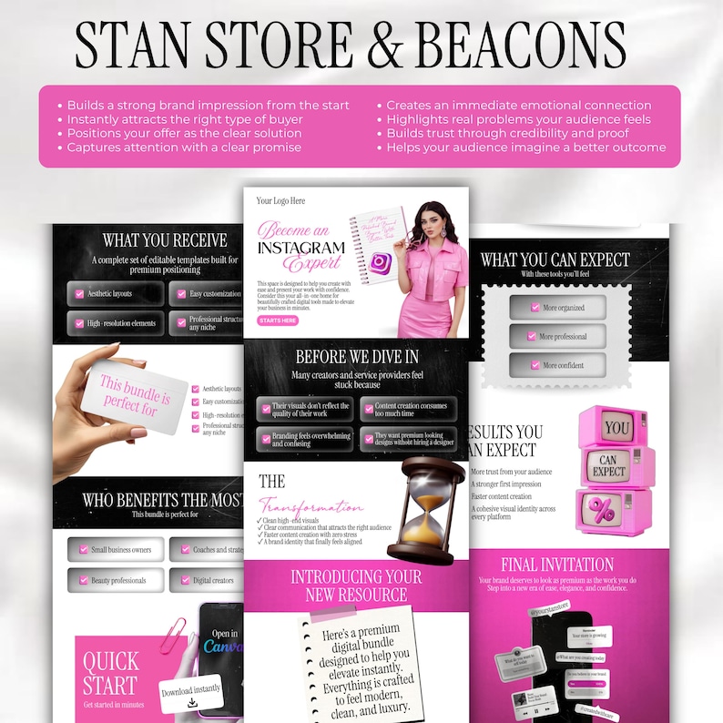 K&ouml;nnte beinhalten: Werbegrafik mit dem Text "STAN STORE & BEACONS". Das Bild zeigt ein rosa und schwarzes Farbschema mit Text und Grafiken, die ein digitales Bundle f&uuml;r Instagram bewerben. Das Bundle soll helfen, sofort aufzusteigen.