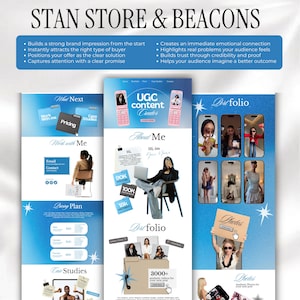 May include: A digital marketing graphic with the text "STAN STORE & BEACONS" at the top. The graphic includes mockups of a website, a phone, and a portfolio, with the words "UGC content Creator" and "About Me" displayed. The color scheme is blue and white.