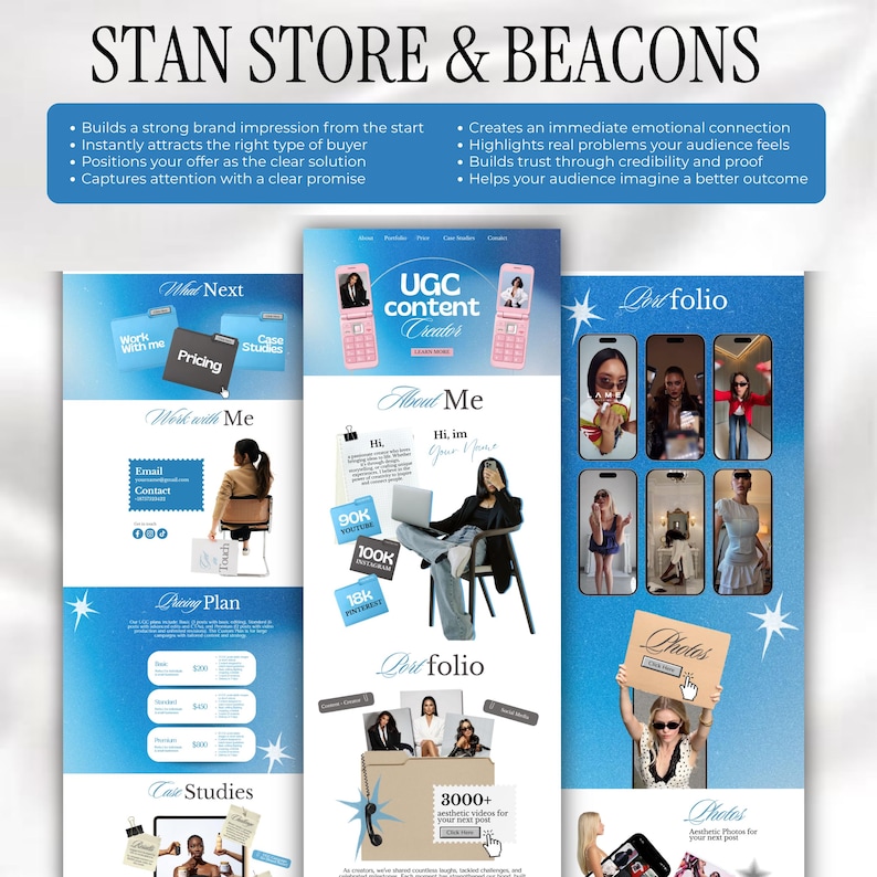 May include: A digital marketing graphic with the text "STAN STORE & BEACONS" at the top. The graphic includes mockups of a website, a phone, and a portfolio, with the words "UGC content Creator" and "About Me" displayed. The color scheme is blue and white.