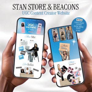 May include: Two smartphones displaying a UGC Content Creator Website. The screens showcase a portfolio, photos, and a bonus Canva crash course. The top of the image reads "STAN STORE & BEACONS UGC Content Creator Website."