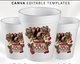 Adesivo de aniversário da Big Mama, Adesivo de copo de isopor da Big Mama, Copo de shot de cereja com estampa de chita, Todos os signos do zodíaco, Design de camiseta, Modelo do Canva