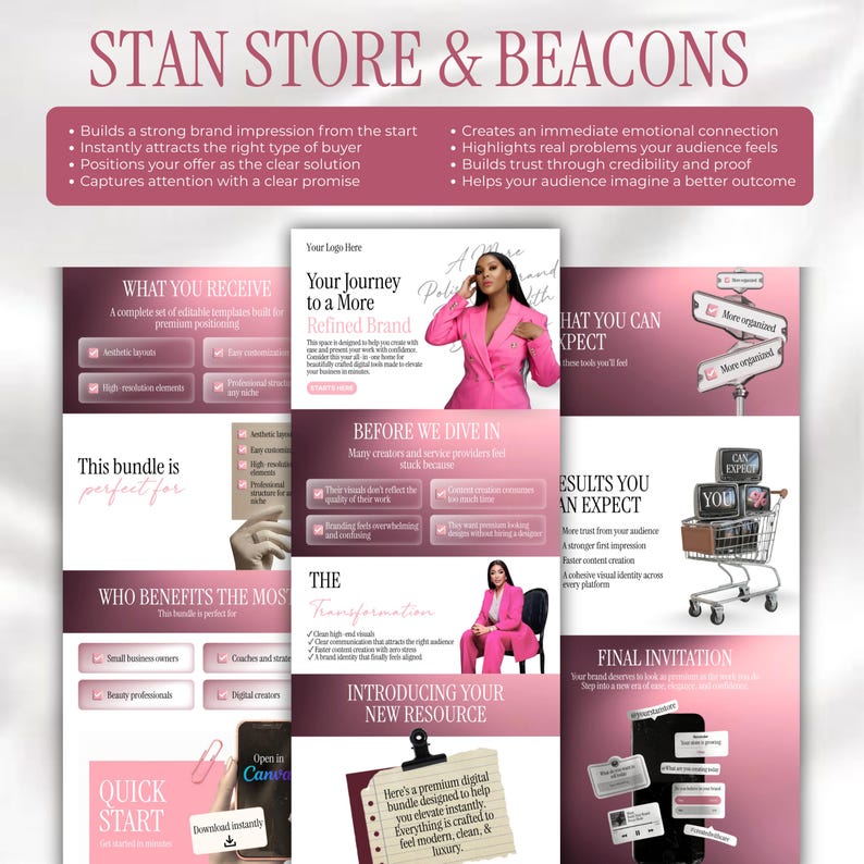 May include: A promotional graphic with a pink and white color scheme. The image includes text, graphics, and photos, promoting a digital bundle for branding. The bundle is designed to help elevate instantly.