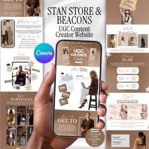 Può includere: Un modello digitale per un sito web di creatore di contenuti UGC Stan Store e Beacons visualizzato su uno schermo di smartphone. Il design presenta una combinazione di colori marrone e bianco con sezioni per biografia, portfolio e prezzi.