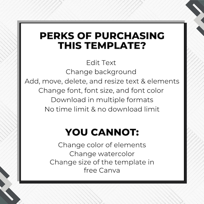 May include: A white and black graphic with the text "PERKS OF PURCHASING THIS TEMPLATE?" and a list of features, including text editing, background changes, and font customization. The graphic also lists limitations.