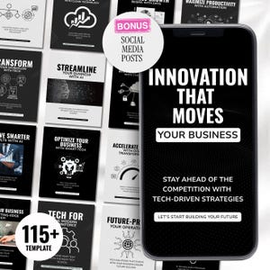 K&ouml;nnte beinhalten: Ein Smartphone zeigt den Text "INNOVATION THAT MOVES YOUR BUSINESS" mit dem Slogan "STAY AHEAD OF THE COMPETITION WITH TECH-DRIVEN STRATEGIES." Um das Telefon herum befinden sich mehrere Social-Media-Vorlagen in Schwarzwei&szlig;.
