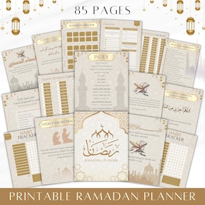 Może przedstawiać: Zestaw beżowych i złotych stron planera Ramadanu. Strony zawierają trackery, listy kontrolne i strony indeksu. Widoczne są słowa "Ramadan Planner" i "85 Pages". Strony są ozdobione motywami islamskimi.