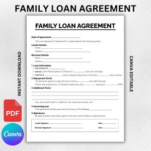 May include: A white document titled "FAMILY LOAN AGREEMENT" with fillable fields for lender and borrower details, loan information, and repayment terms. Includes a PDF icon and a Canva logo, indicating digital availability.